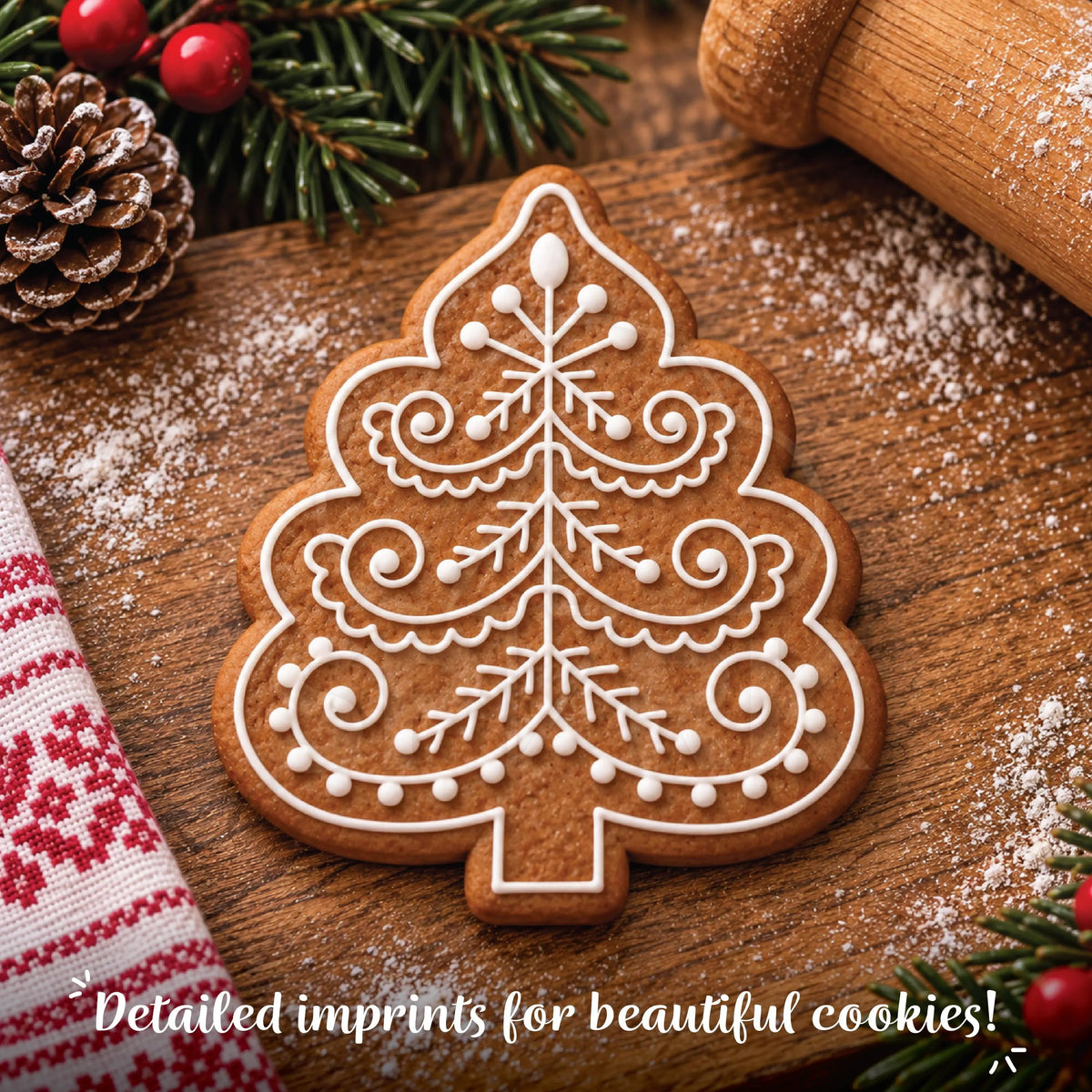 Christmas Tree Cookie Stamp and Cutter — Holiday Baking Tool with Festive Tree Design