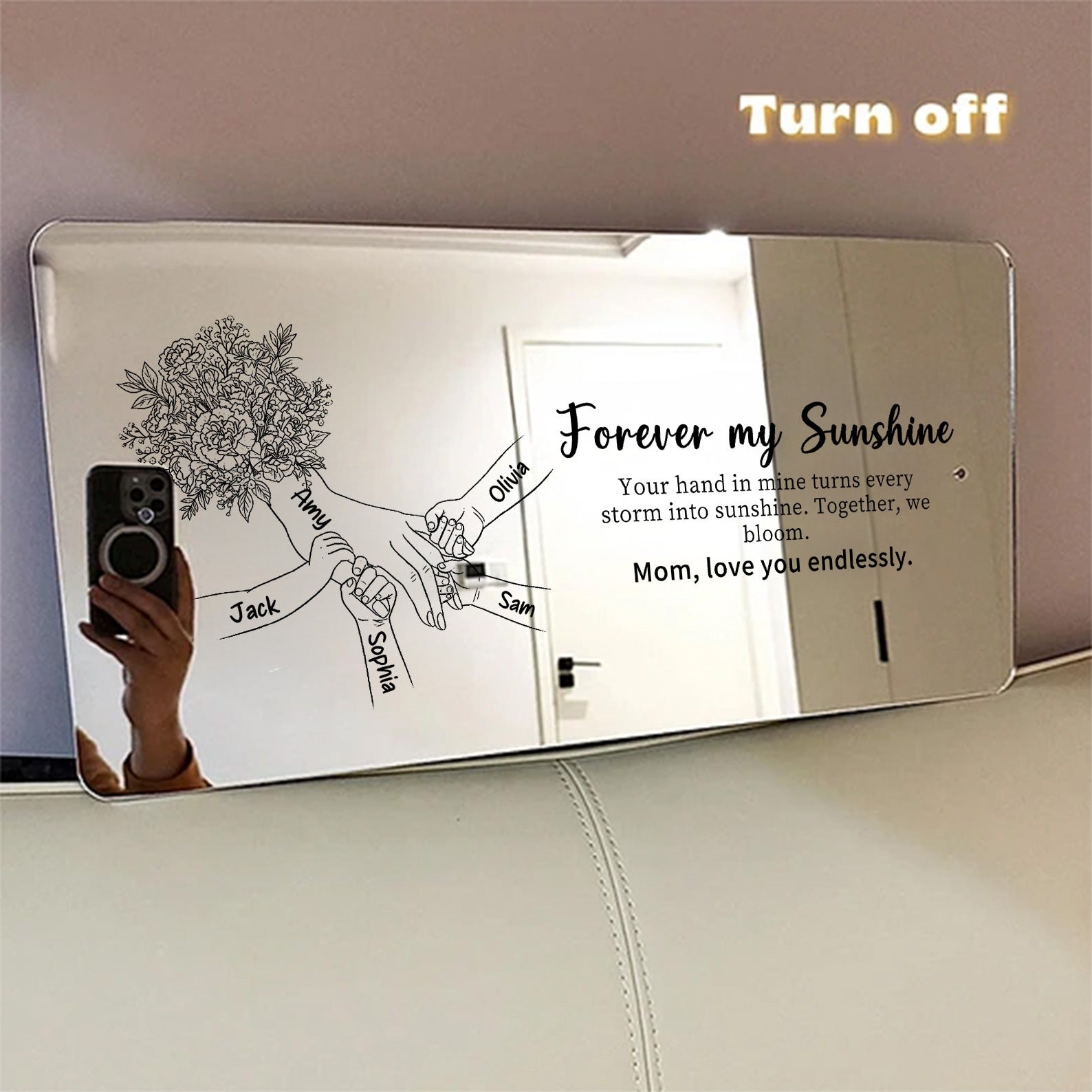 (Carnation) Personalized Mom Holding Hands Mirror Light - Custom Mother‘s Day Gifts for Mom