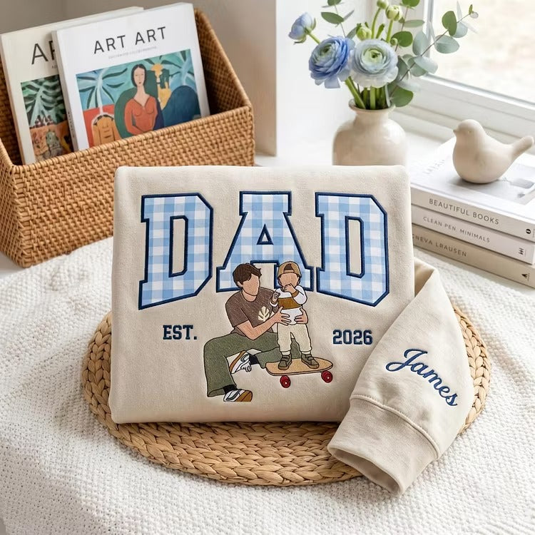 Personalized Embroidered Portrait & Appliqué Name Dad Apparel – Custom Embroidered Photo T-Shirt, Sweatshirt & Hoodie – Father’s Day Gift