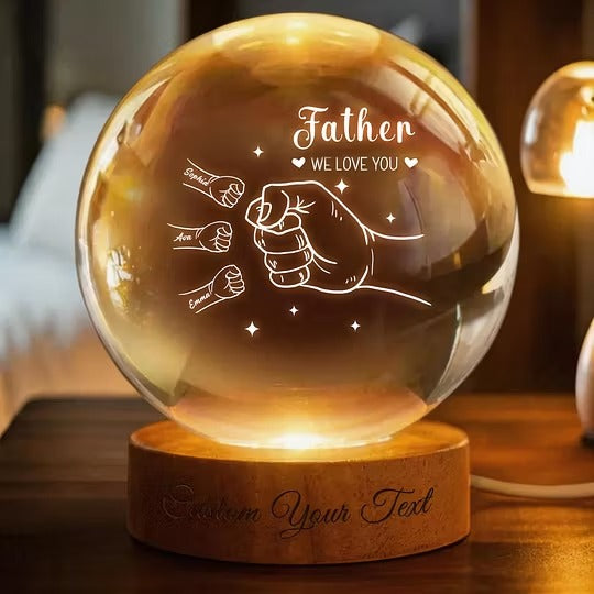 Custom 3D Engraved Fist Bump Crystal Ball Lamp | Custom Fatherhood Wood Base LED Light Gift for Dad