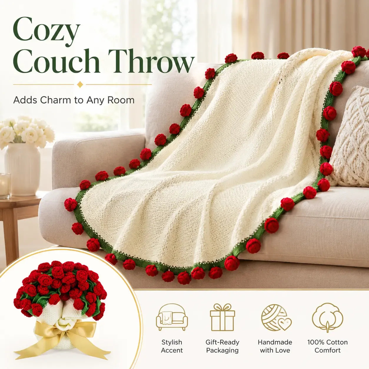 Rose Crochet Flower Blanket – Handmade Throw for Couples & Families