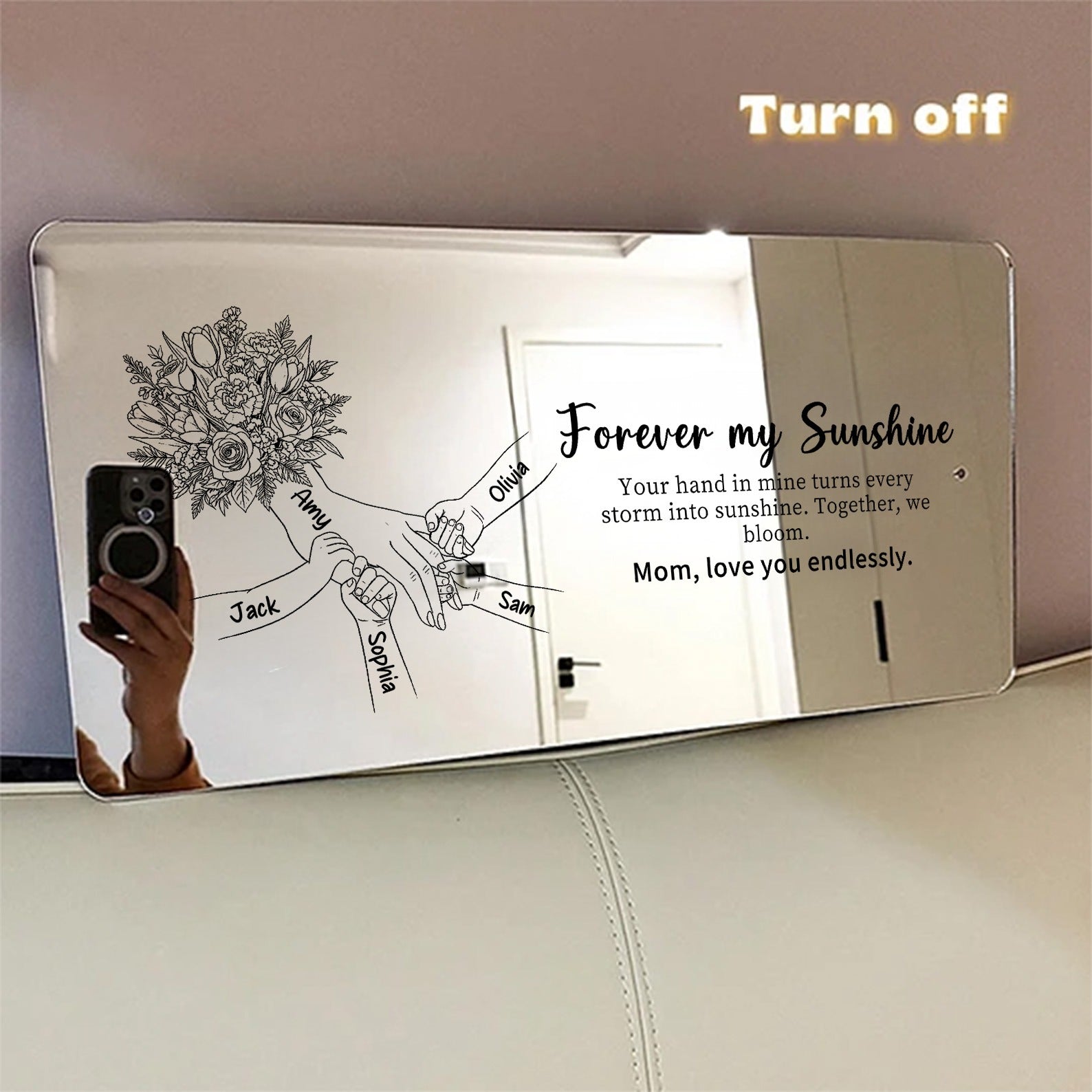 (Tulip, Rose & Carnation) Personalized Mom Holding Hands Mirror Light - Custom Mother‘s Day Gifts for Mom