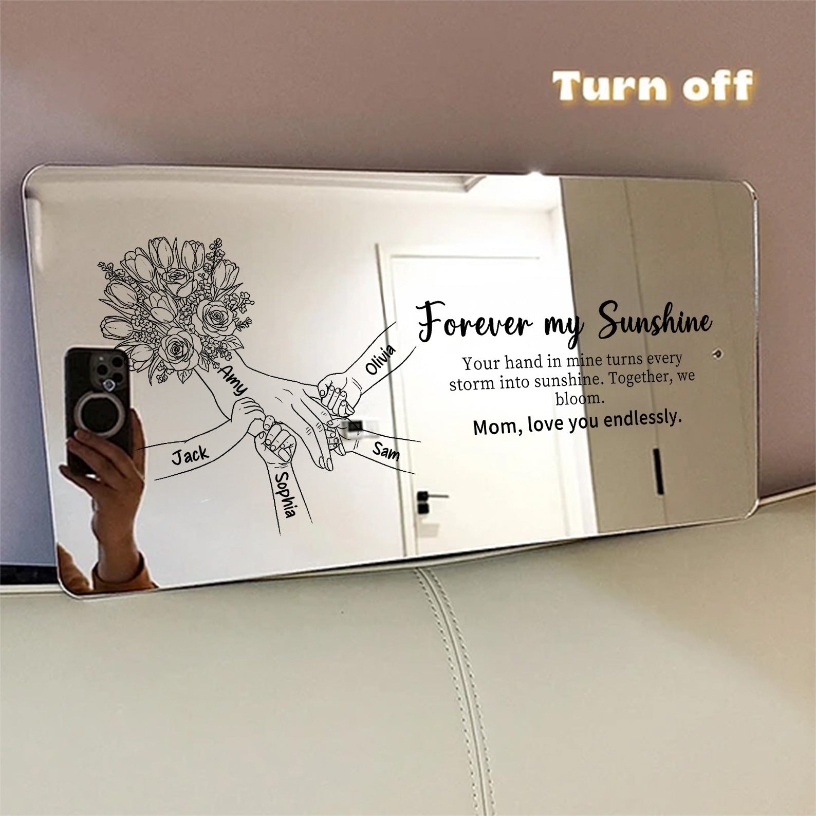 (Tulip & Rose) Personalized Mom Holding Hands Mirror Light - Custom Mother‘s Day Gifts for Mom