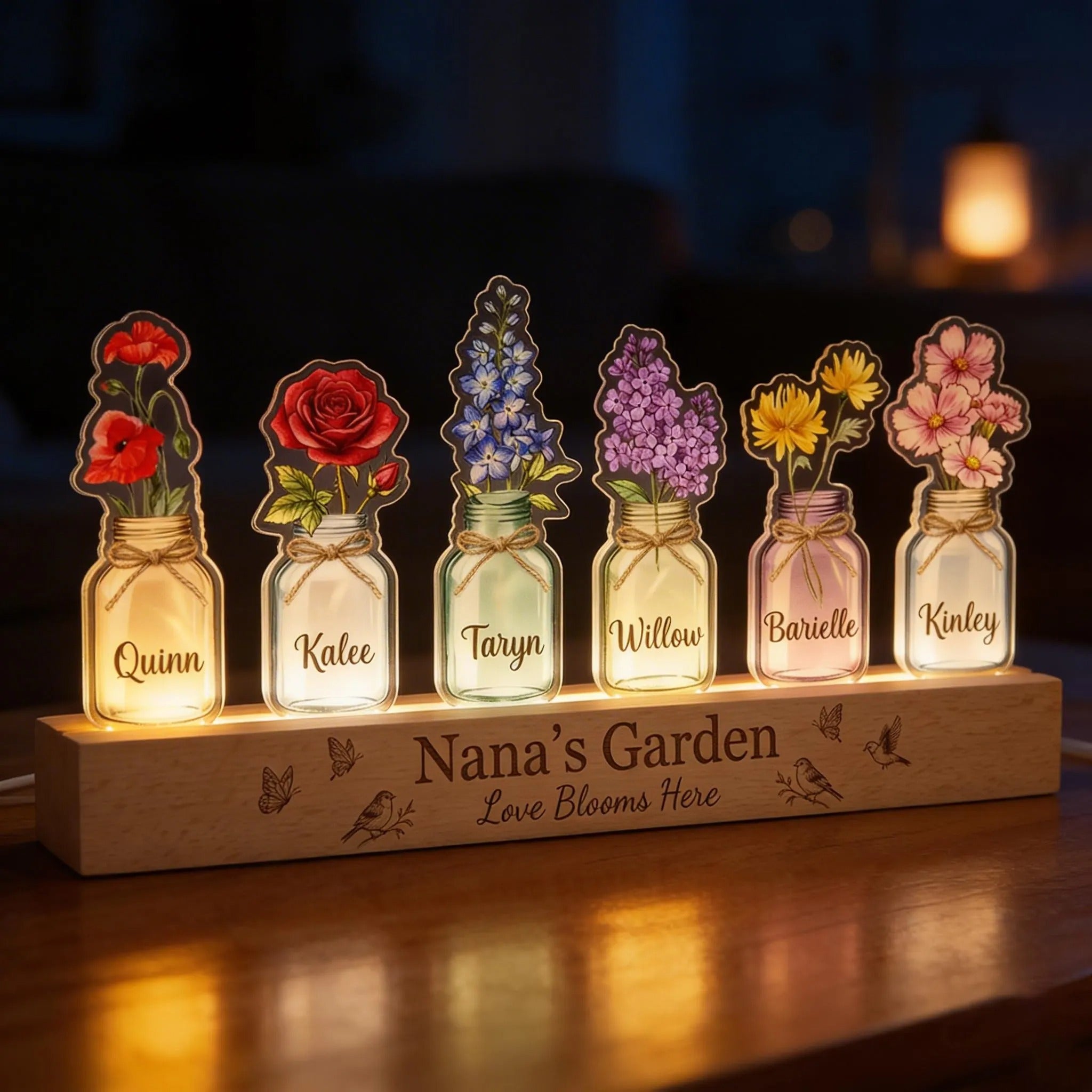 Custom Grandma's Garden Birth Month Flowers Acrylic LED Night Light, Gift for Mom Grandma