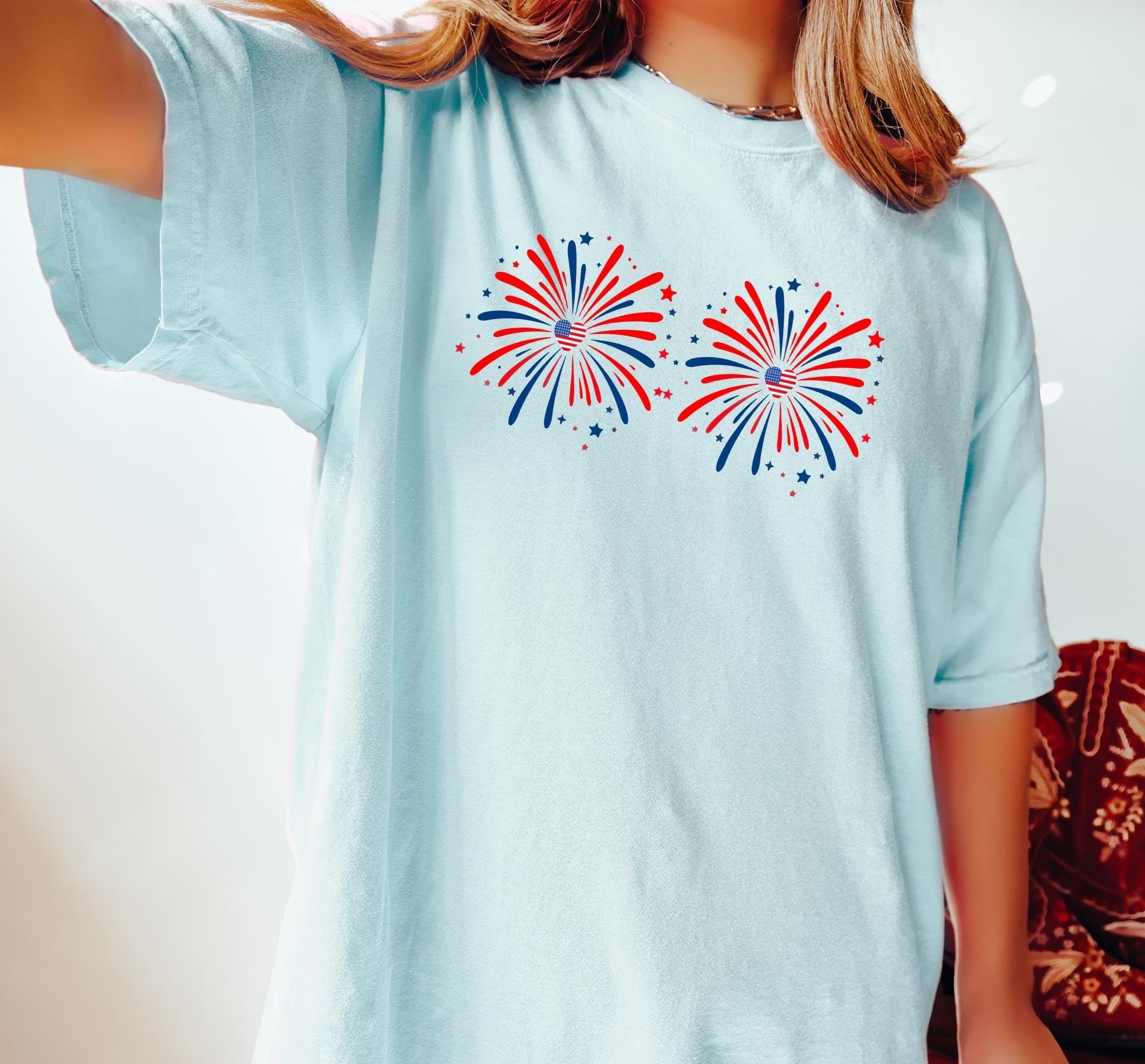 Funny Couple Matching 4th of July Couples Shirt – Just Here for the Fireworks, American Flag Tee