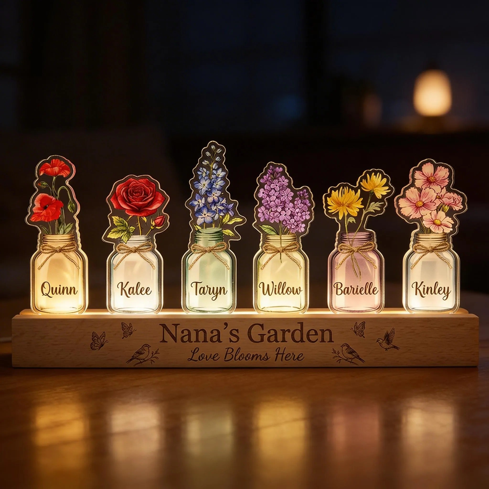 Custom Grandma's Garden Birth Month Flowers Acrylic LED Night Light, Gift for Mom Grandma