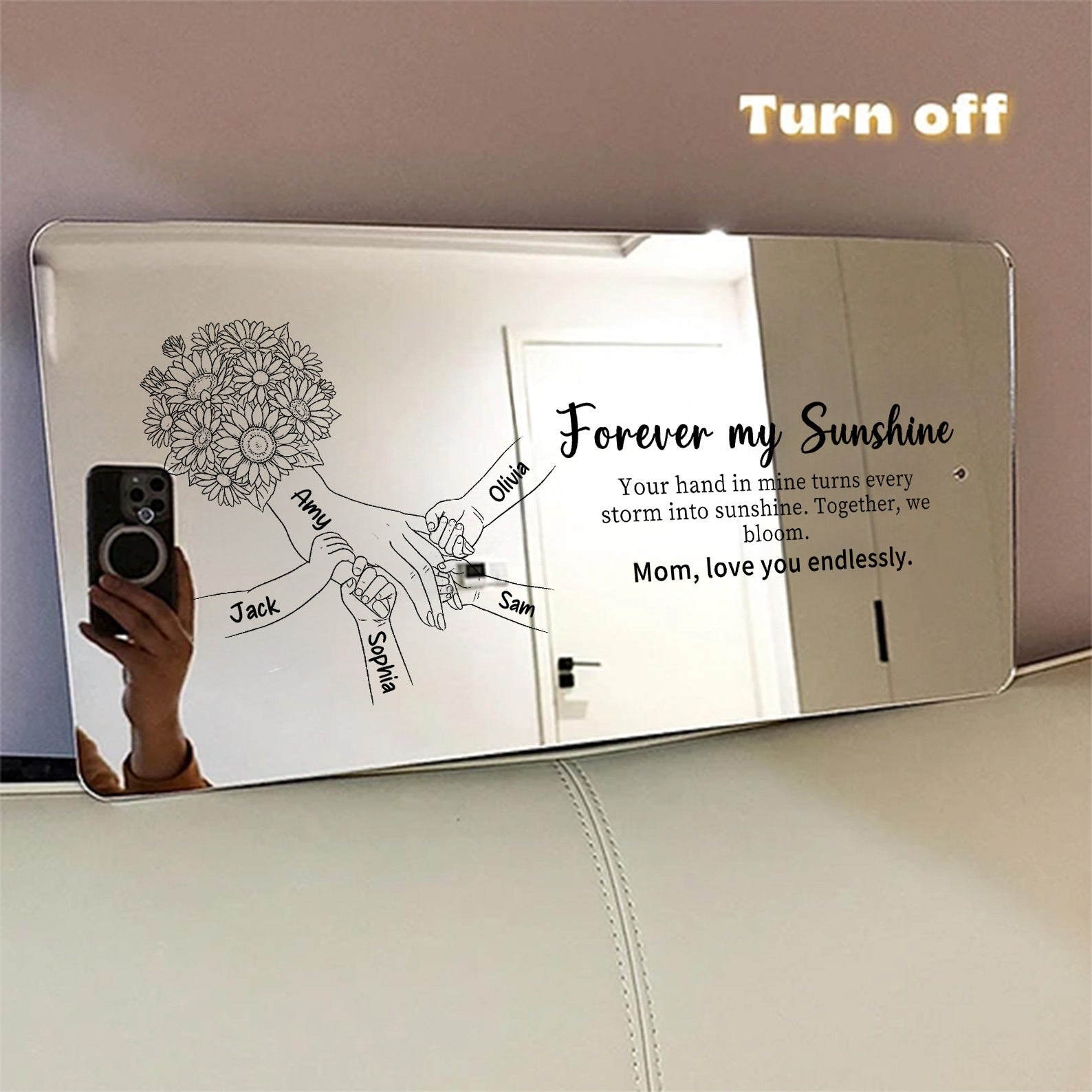 (Sunflower) Personalized Mom Holding Hands Mirror Light - Custom Mother‘s Day Gifts for Mom