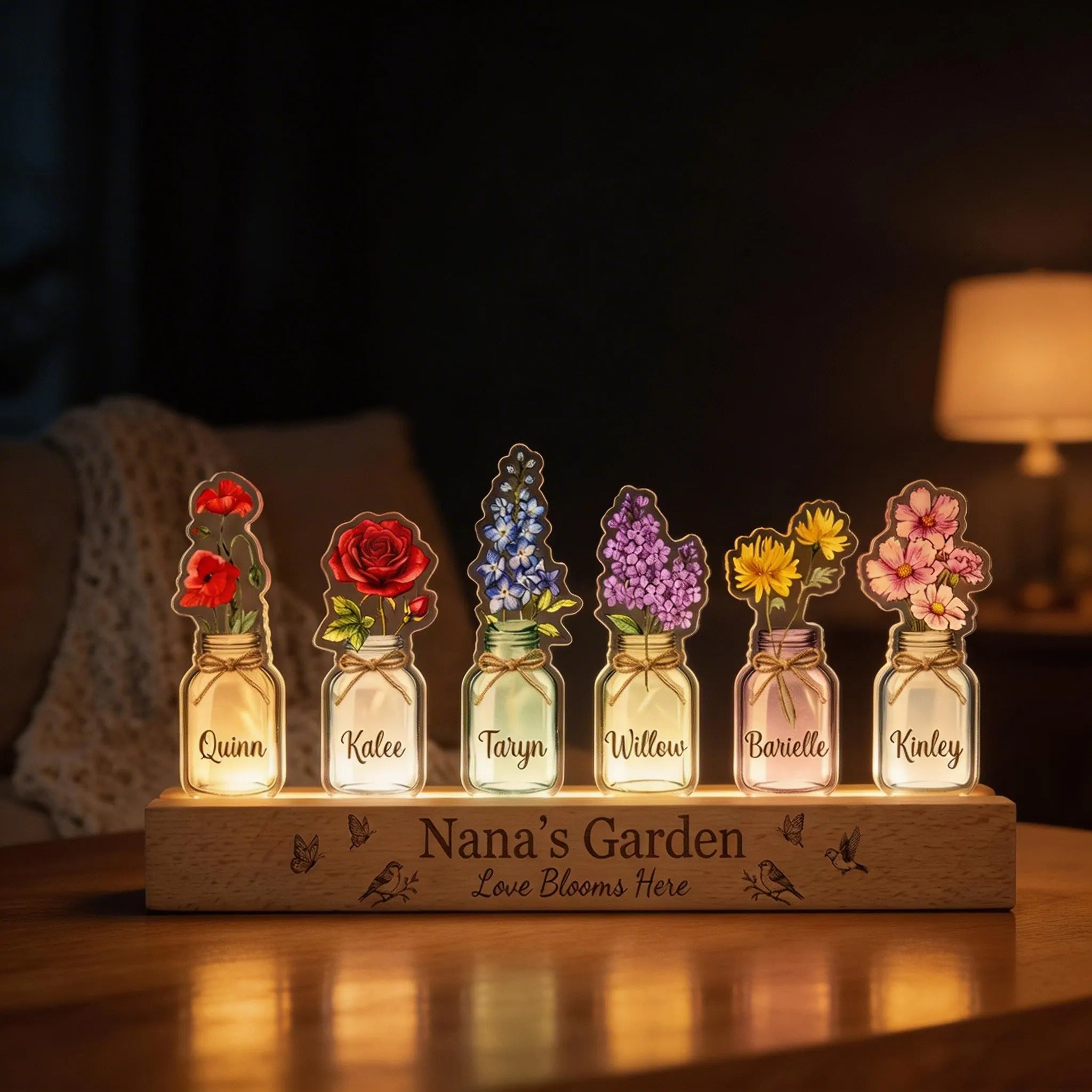 Custom Grandma's Garden Birth Month Flowers Acrylic LED Night Light, Gift for Mom Grandma