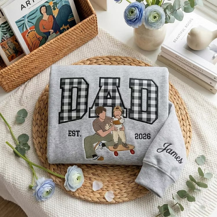 Personalized Embroidered Portrait & Appliqué Name Dad Apparel – Custom Embroidered Photo T-Shirt, Sweatshirt & Hoodie – Father’s Day Gift