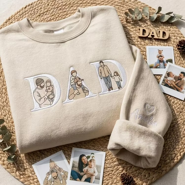 Custom Photo Portrait Letter Embroidered Sweatshirt T-Shirt Gift for Dad-Father's Day Gift