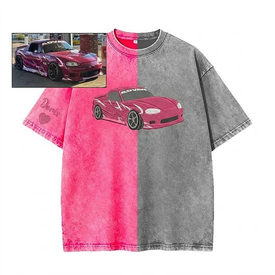 Personalized Vehicle Photo Embroidery on Washed T-Shirt Sweatshirt Hoodie Custom Ride Gift