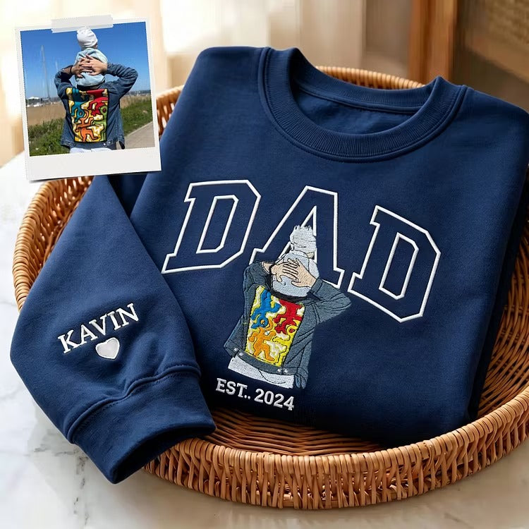 Personalized Embroidered DAD T-Shirt – Custom Full-Color Photo Portrait & Name – Father’s Day Gift for Papa & Grandpa
