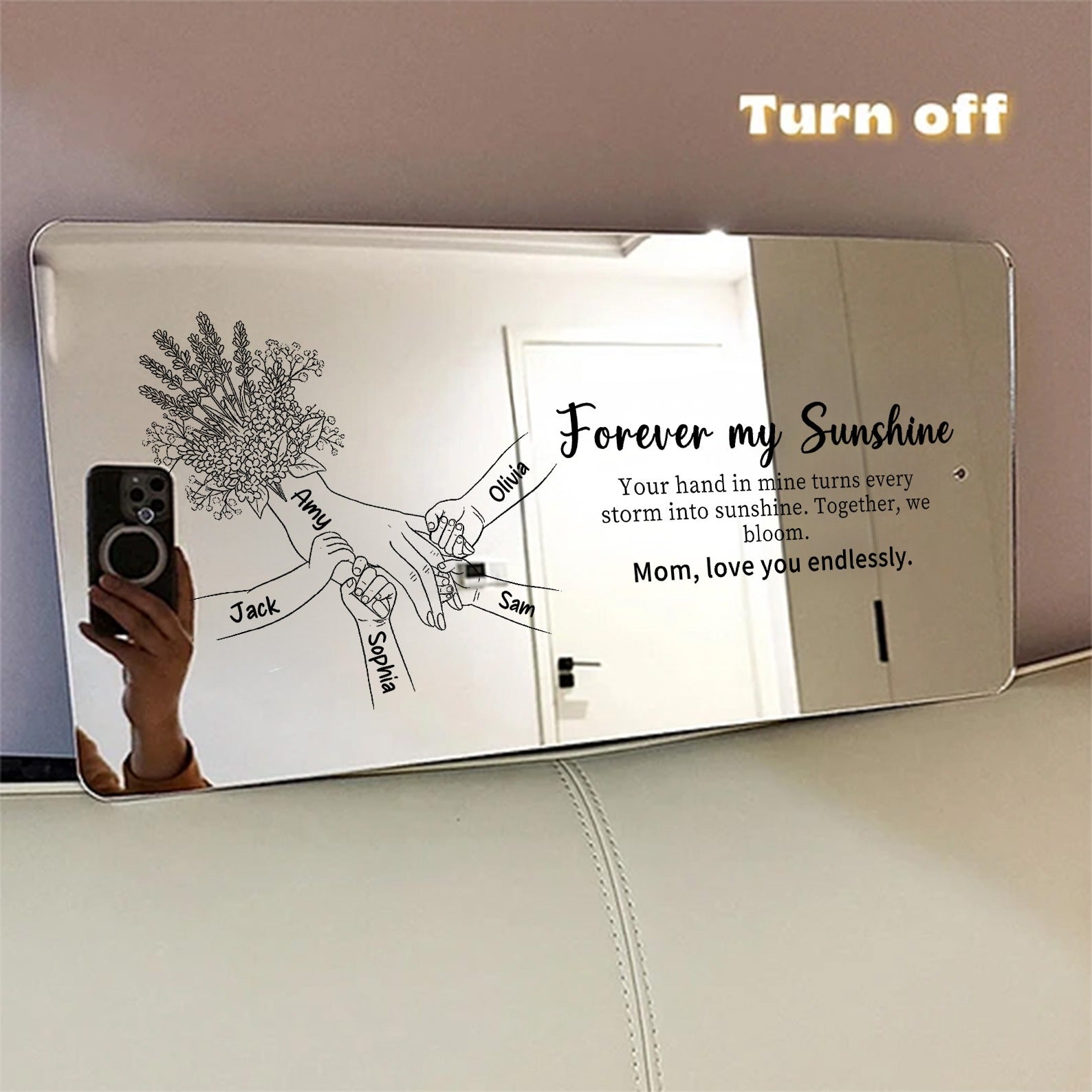 (Lavender) Personalized Mom Holding Hands Mirror Light - Custom Mother‘s Day Gifts for Mom