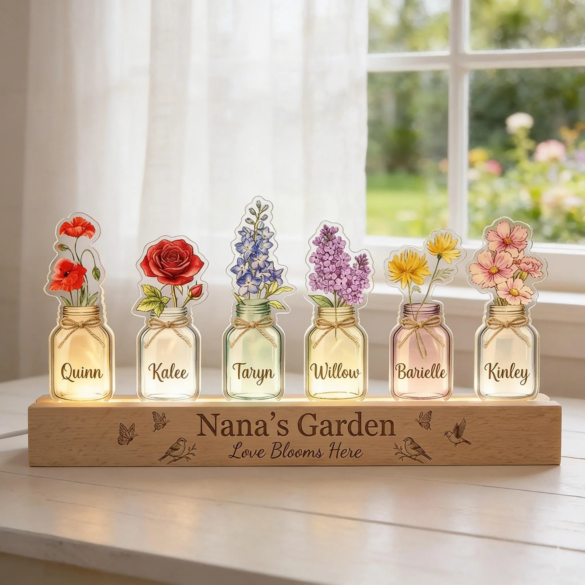 Custom Grandma's Garden Birth Month Flowers Acrylic LED Night Light, Gift for Mom Grandma