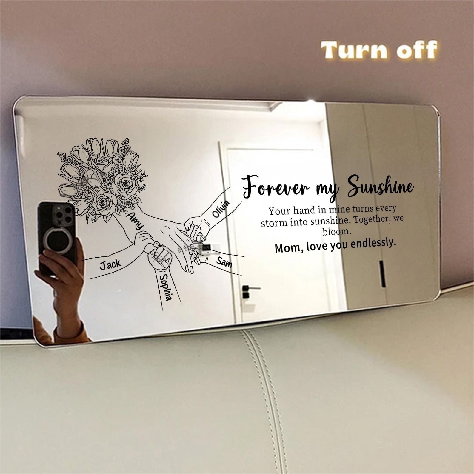 Custom Mom Holding Hands Mirror Light - Personalized Mother‘s Day Gifts with Choice of Bouquet for Mom