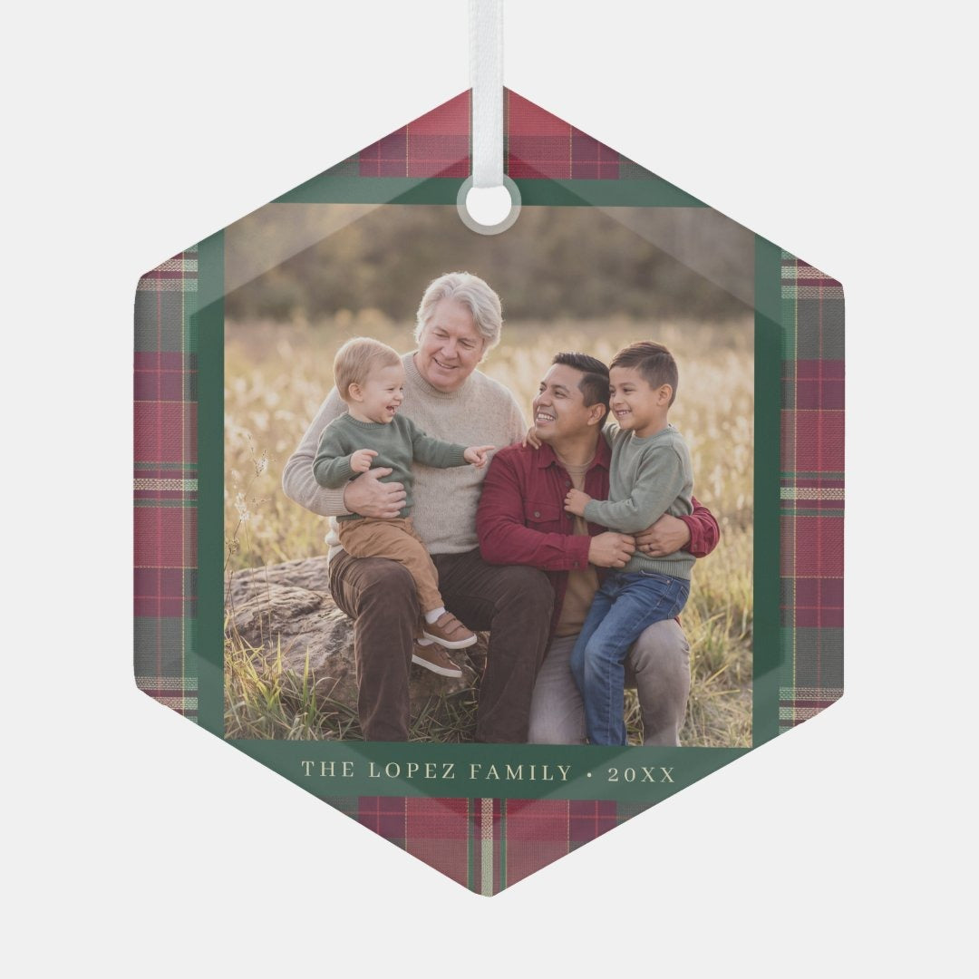 Personalized Tartan Plaid Family Photo Ceramic Ornament — Custom Christmas Tree Decoration & Keepsake Gift
