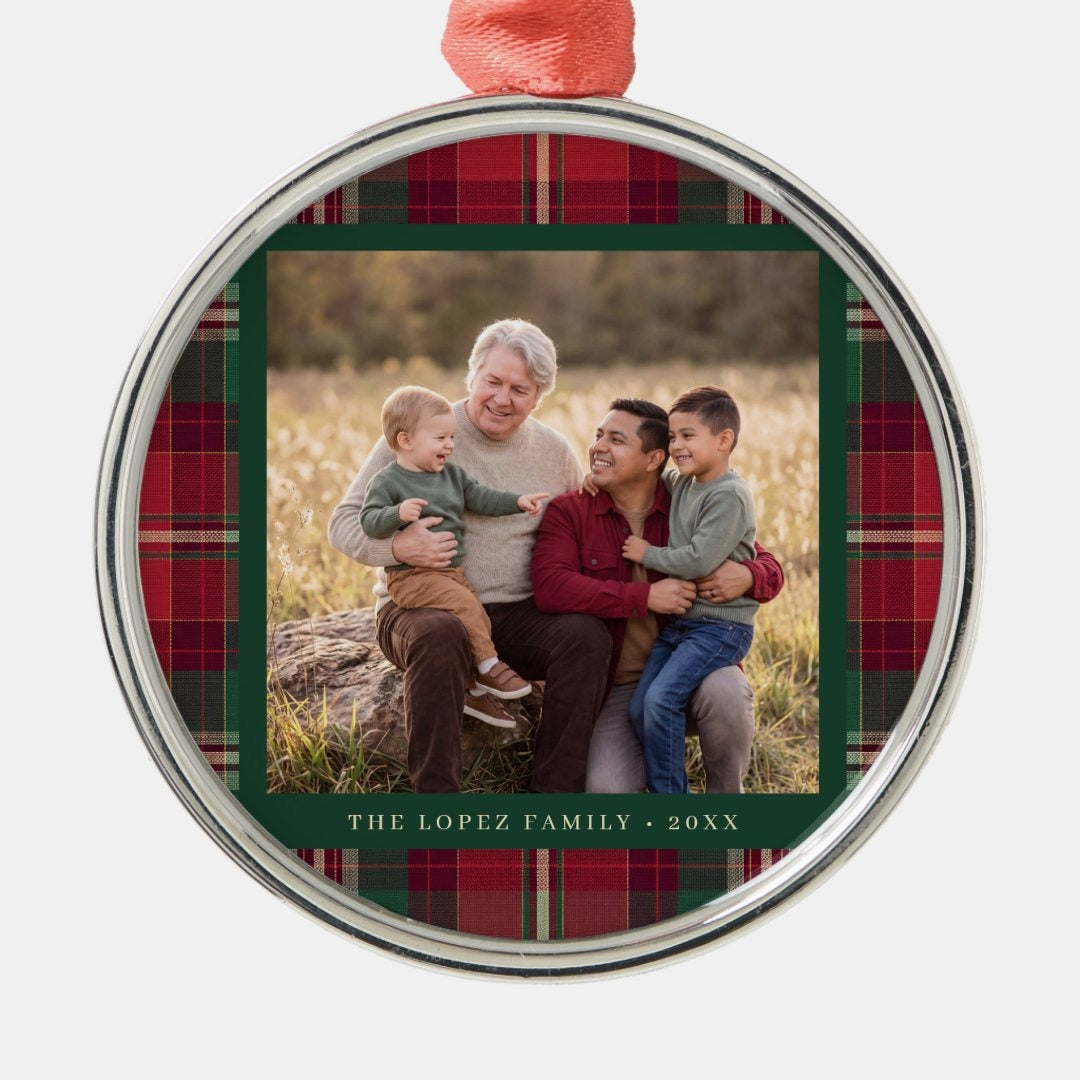 Personalized Tartan Plaid Family Photo Ceramic Ornament — Custom Christmas Tree Decoration & Keepsake Gift
