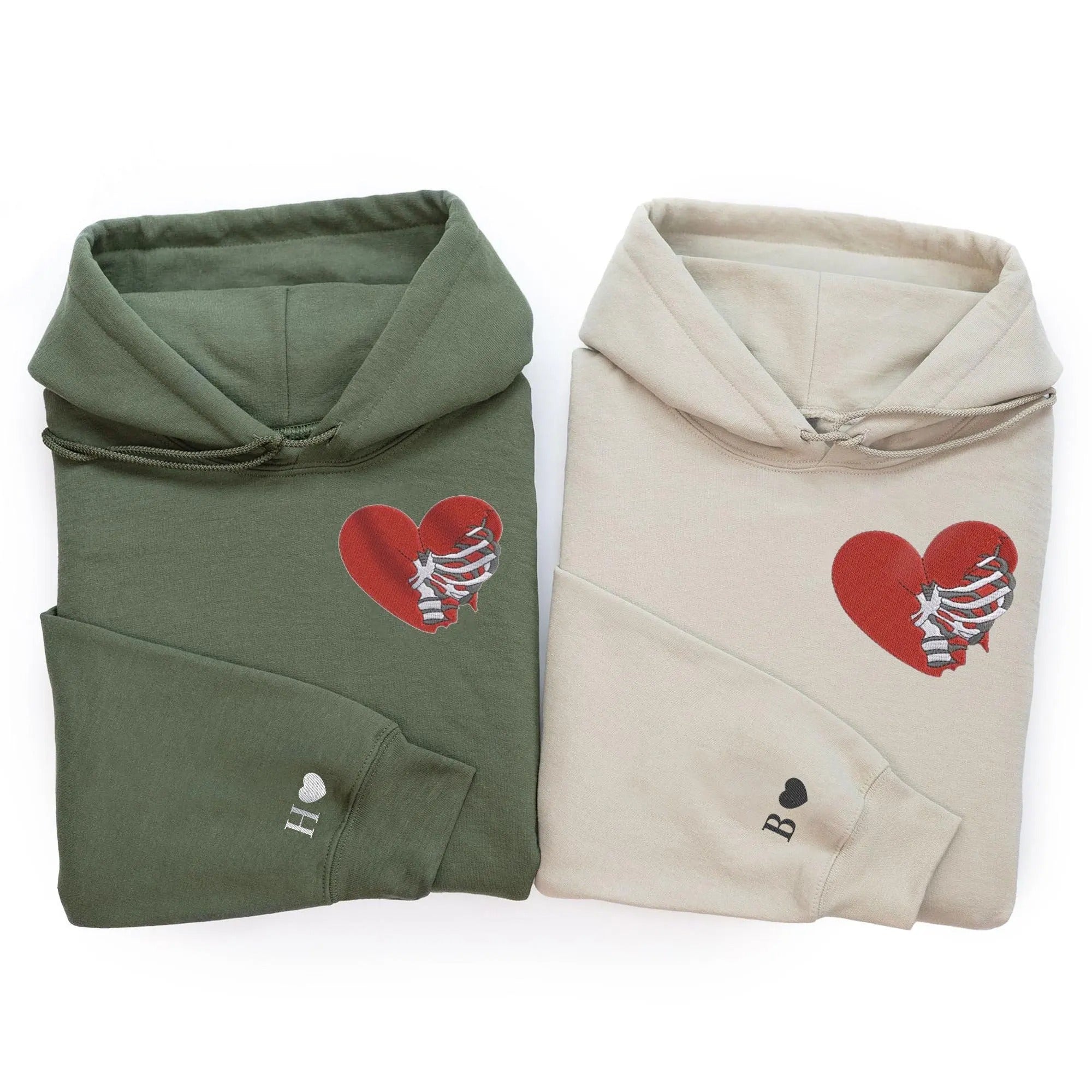Custom Matching Hoodies for Couples – Skeleton Rib Cage Heart Embroidered Sweatshirts with Initial & Heart on Sleeve, Personalized Anniversary/Birthday Gift for Him & Her