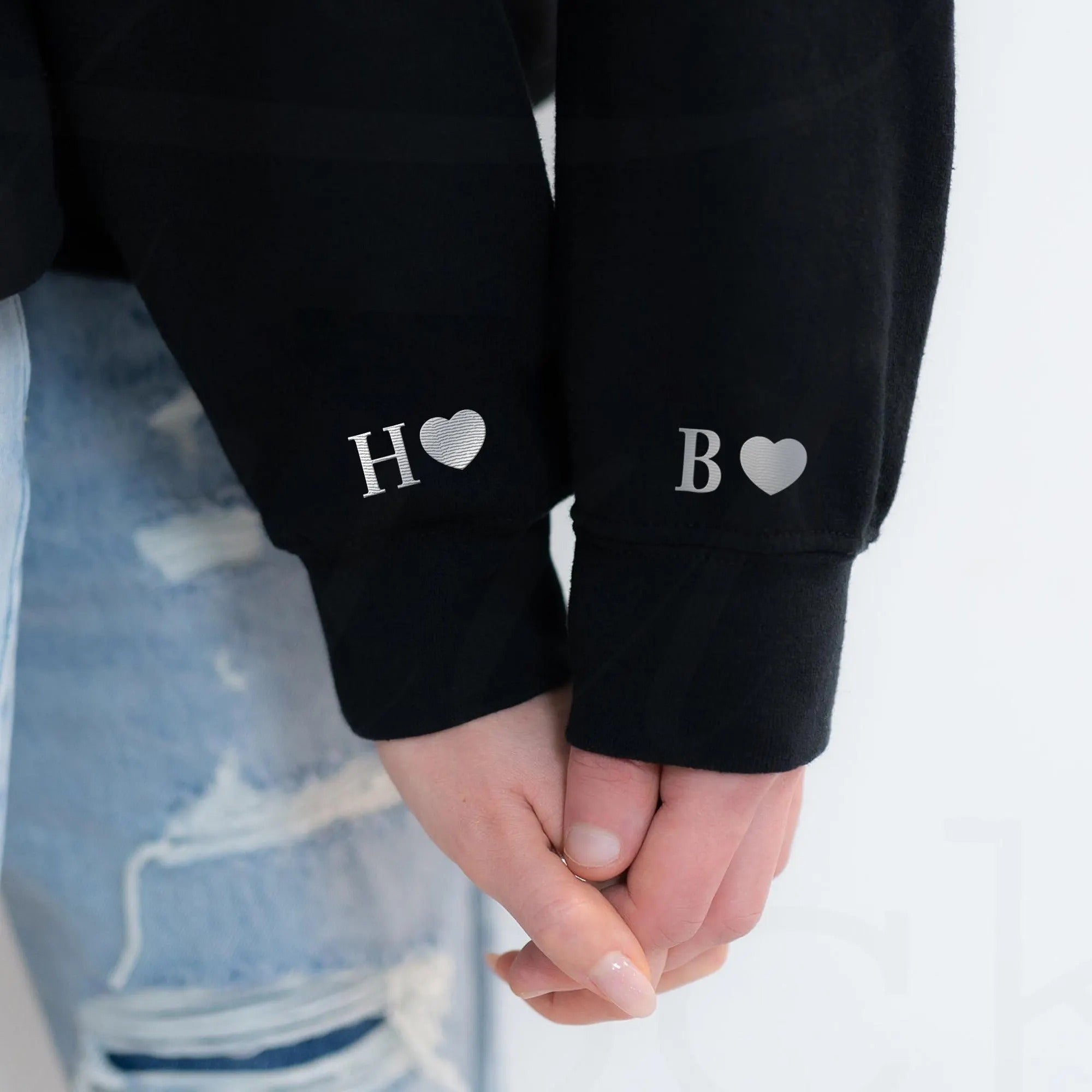 Custom Matching Hoodies for Couples – Skeleton Rib Cage Heart Embroidered Sweatshirts with Initial & Heart on Sleeve, Personalized Anniversary/Birthday Gift for Him & Her