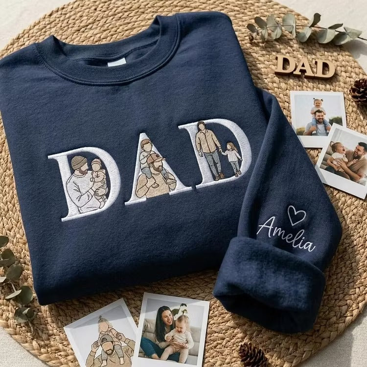 Custom Photo Portrait Letter Embroidered Sweatshirt T-Shirt Gift for Dad-Father's Day Gift