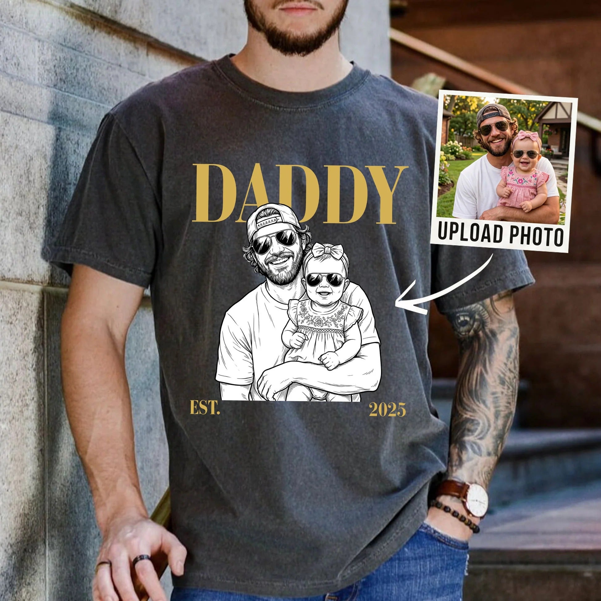 Daddy Est Custom Photo Sketch Line Art T-shirt Sweatshirt Hoodie | Personalized Father's Day Gift