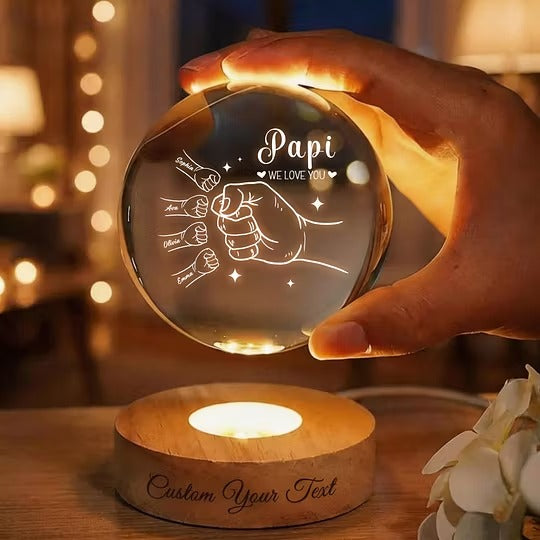 Custom 3D Engraved Fist Bump Crystal Ball Lamp | Custom Fatherhood Wood Base LED Light Gift for Dad