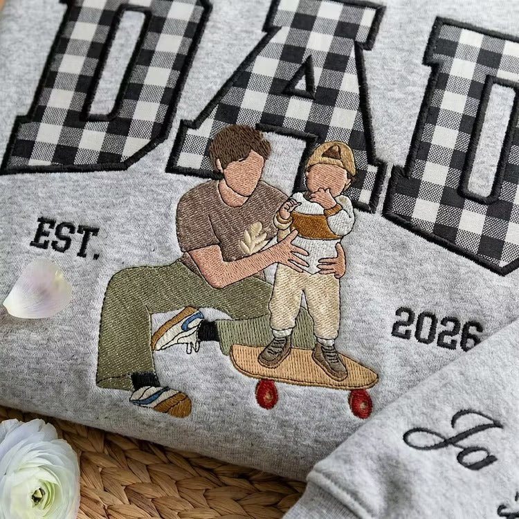 Personalized Embroidered Portrait & Appliqué Name Dad Apparel – Custom Embroidered Photo T-Shirt, Sweatshirt & Hoodie – Father’s Day Gift