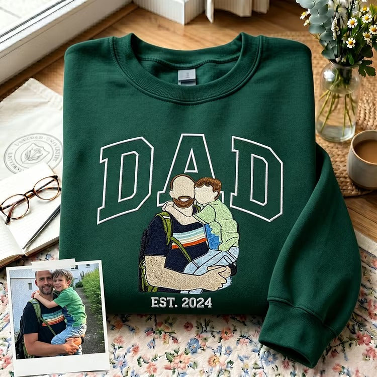 Personalized Embroidered DAD T-Shirt – Custom Full-Color Photo Portrait & Name – Father’s Day Gift for Papa & Grandpa