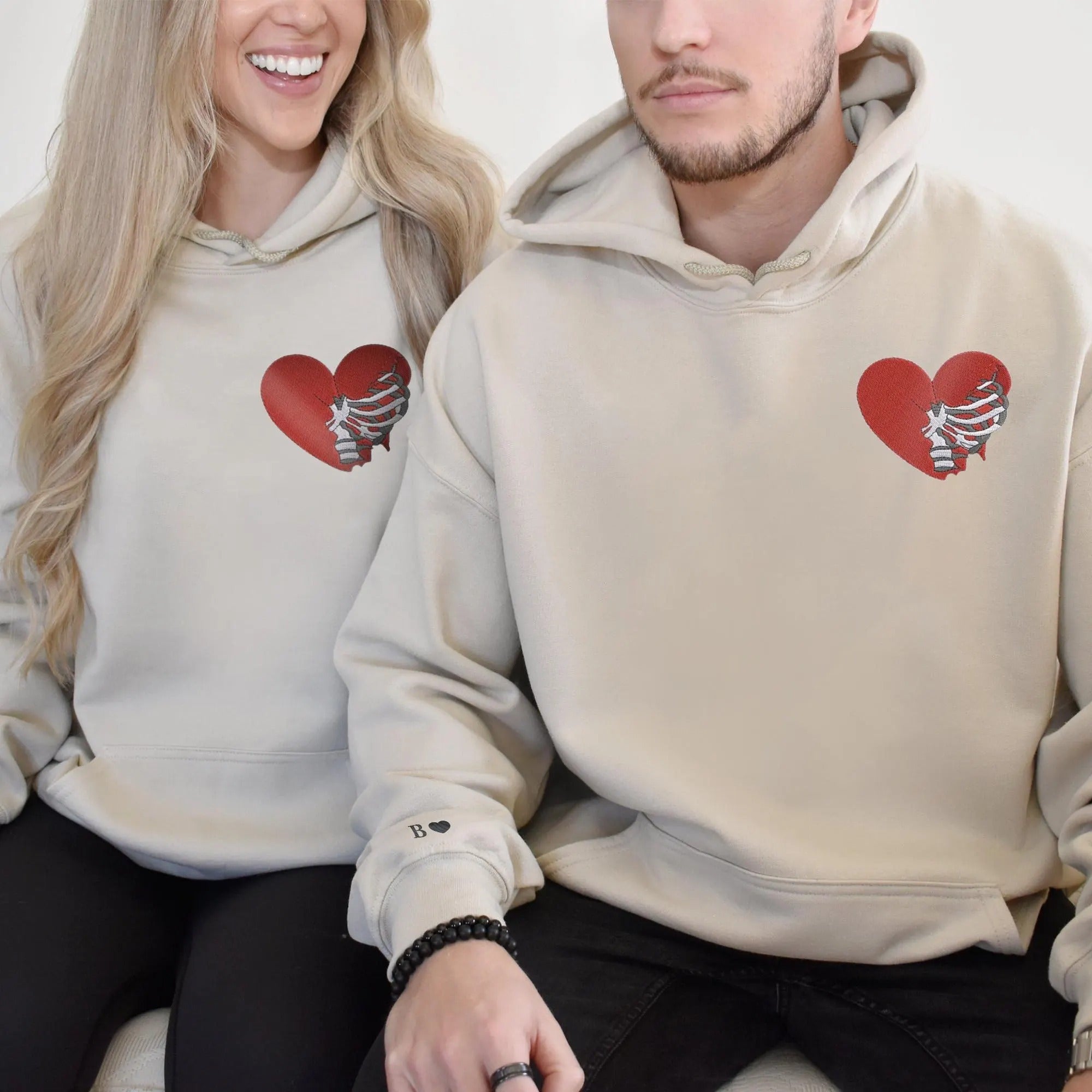 Custom Matching Hoodies for Couples – Skeleton Rib Cage Heart Embroidered Sweatshirts with Initial & Heart on Sleeve, Personalized Anniversary/Birthday Gift for Him & Her