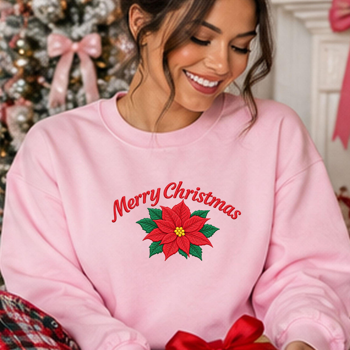 Christmas Sweatshirt with Poinsettia Embroidery — Festive Crewneck, Holiday Pullover for Women & Men