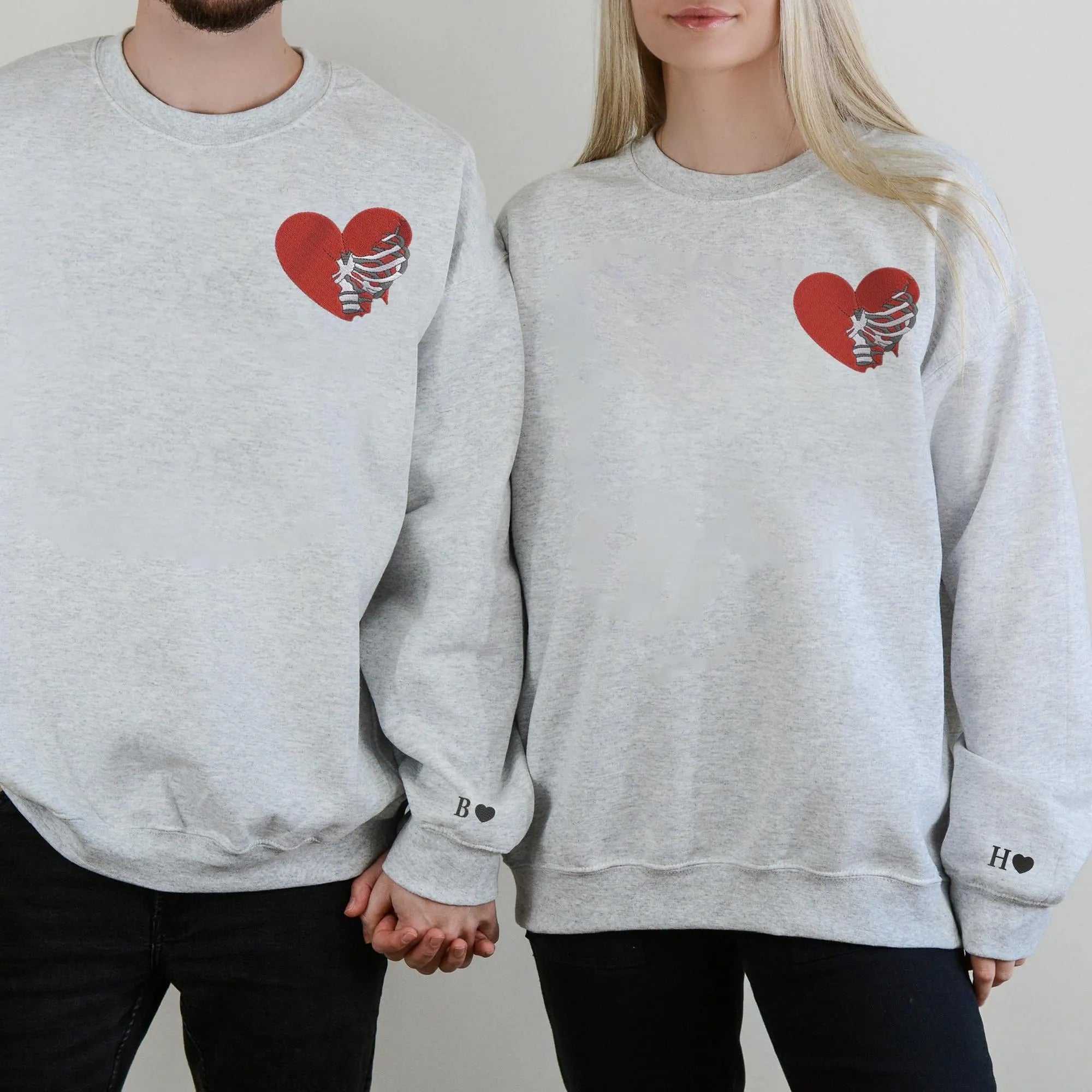 Custom Matching Hoodies for Couples – Skeleton Rib Cage Heart Embroidered Sweatshirts with Initial & Heart on Sleeve, Personalized Anniversary/Birthday Gift for Him & Her