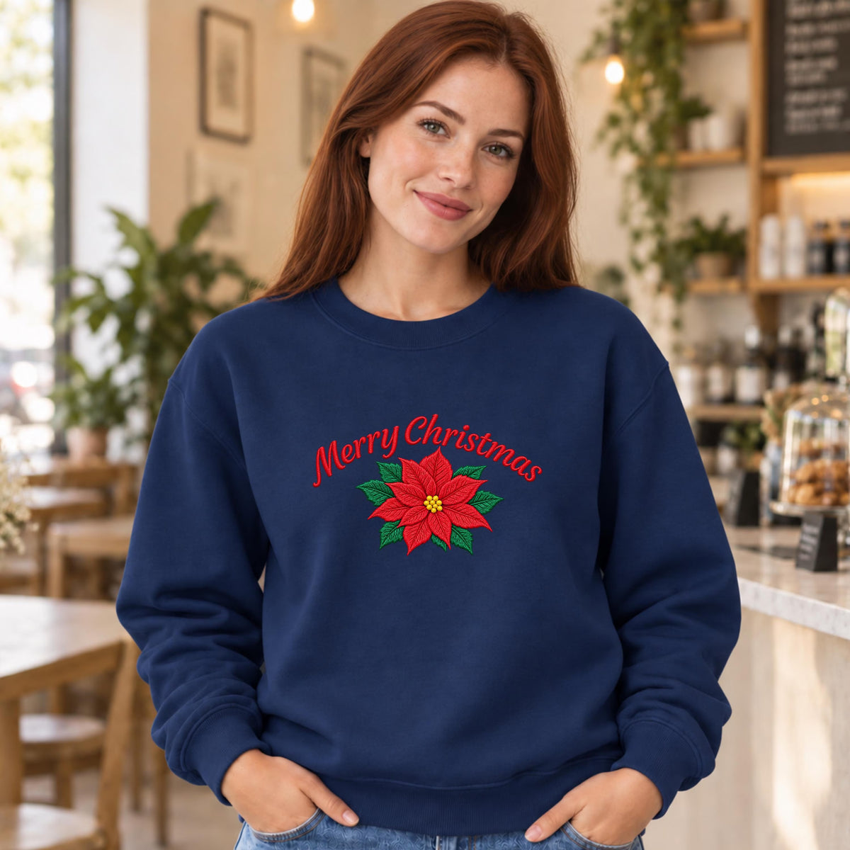 Christmas Sweatshirt with Poinsettia Embroidery — Festive Crewneck, Holiday Pullover for Women & Men