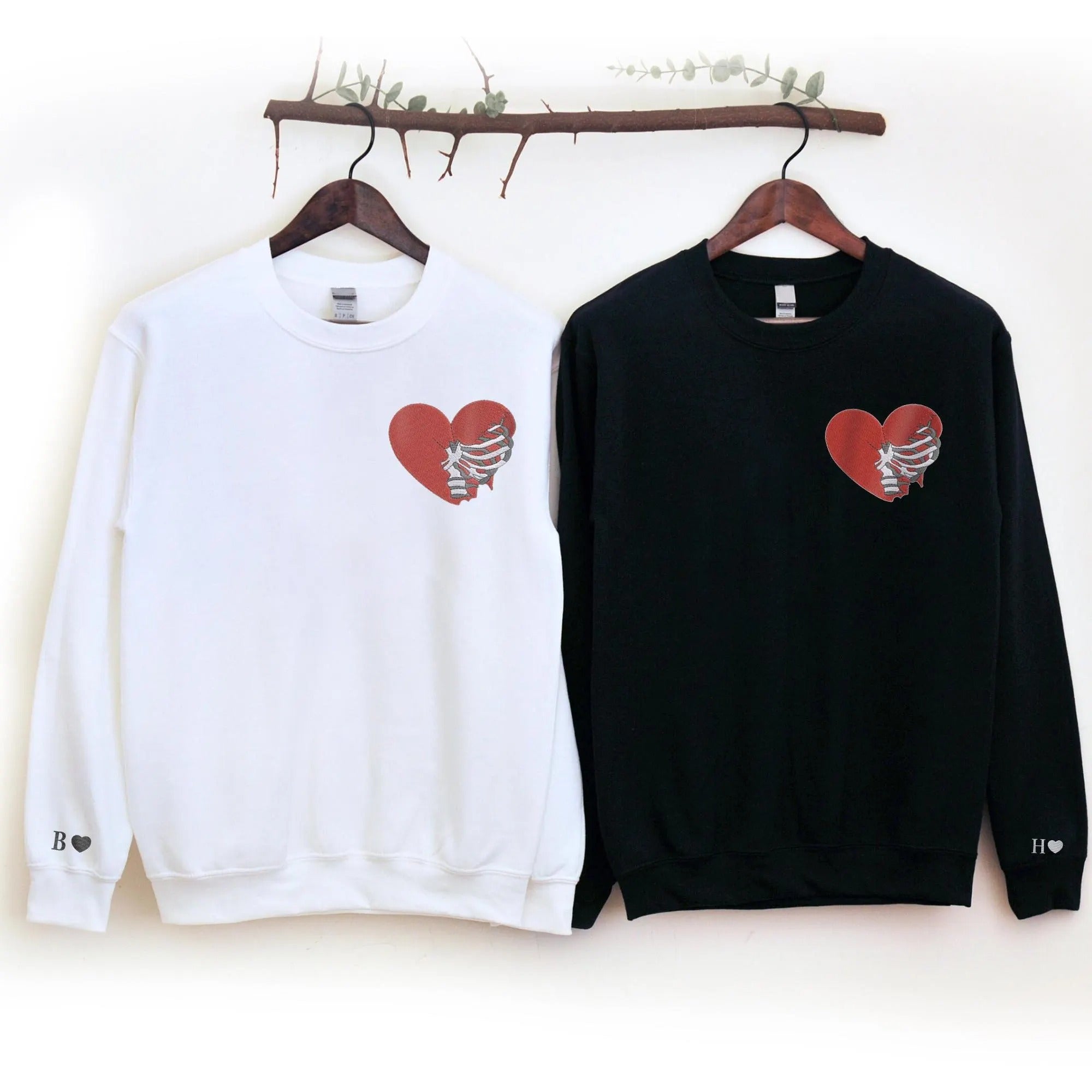 Custom Matching Hoodies for Couples – Skeleton Rib Cage Heart Embroidered Sweatshirts with Initial & Heart on Sleeve, Personalized Anniversary/Birthday Gift for Him & Her