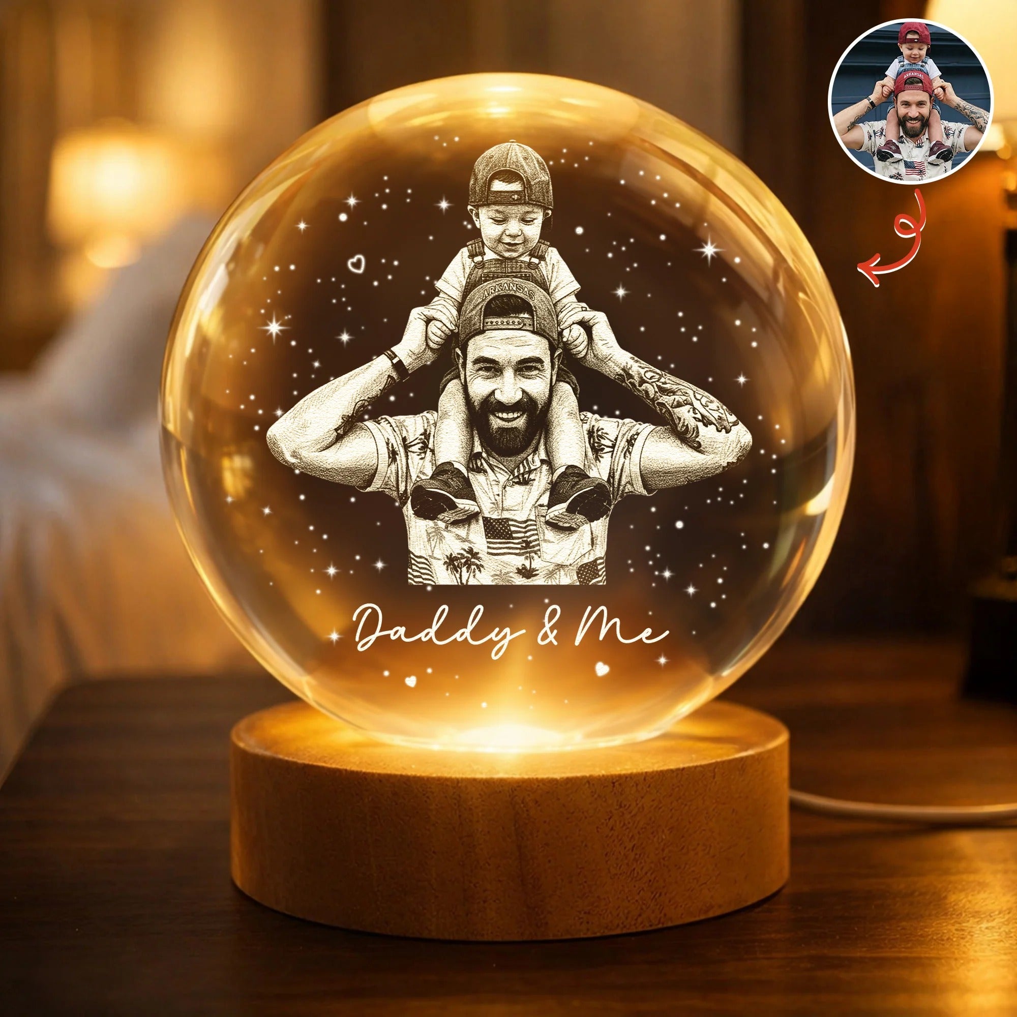 Custom Photo Gift For Dad, Husband, Father's Day Gift For Him - Personalized Night Crystal Ball Light