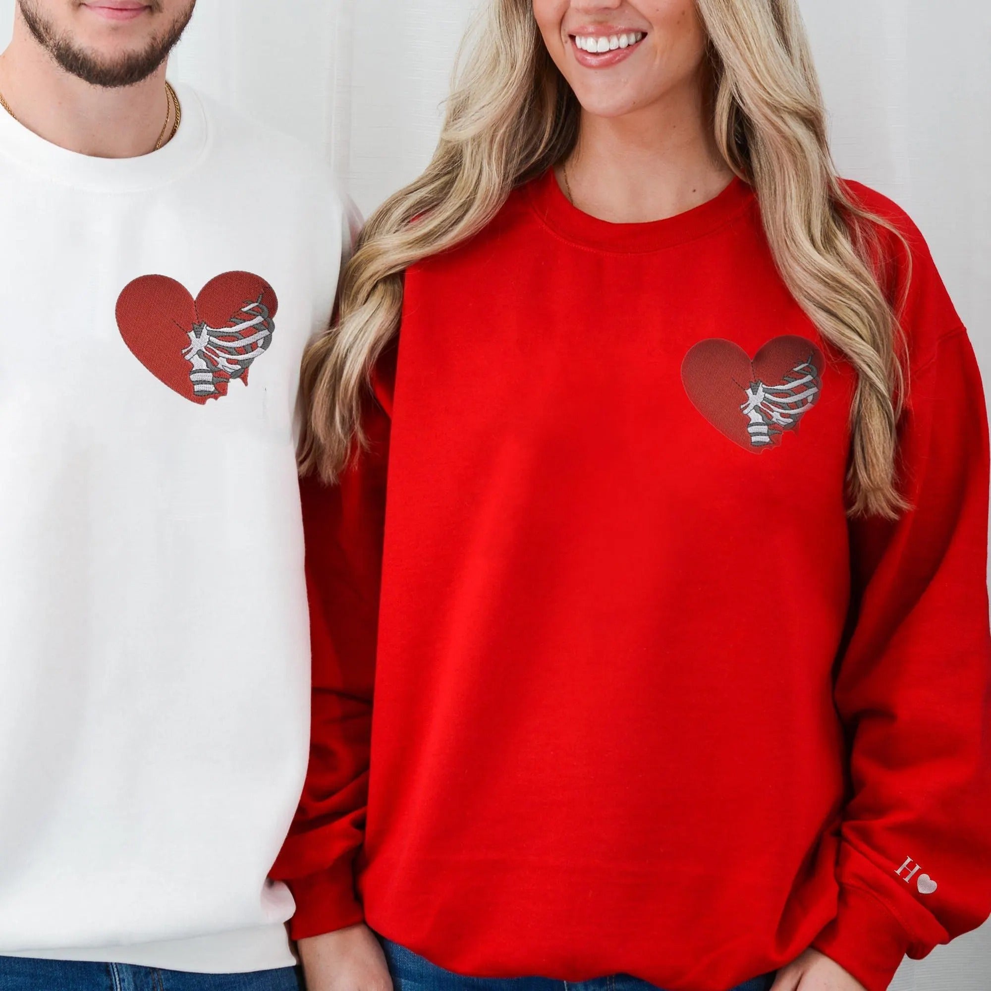 Custom Matching Hoodies for Couples – Skeleton Rib Cage Heart Embroidered Sweatshirts with Initial & Heart on Sleeve, Personalized Anniversary/Birthday Gift for Him & Her