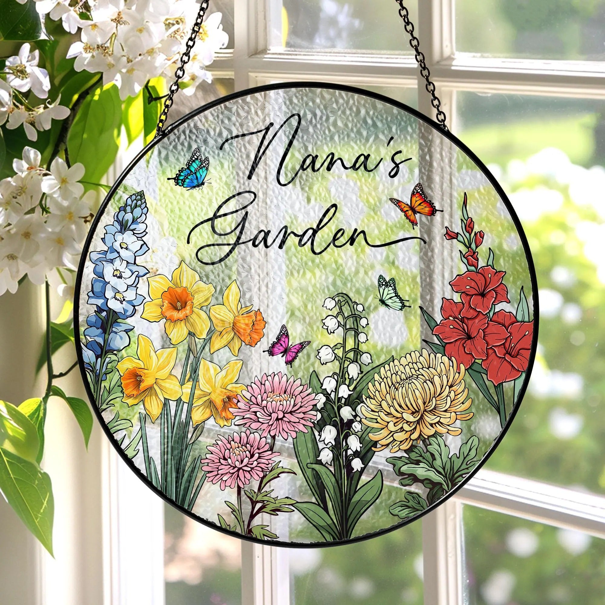 Custom Family Birth Flowers Glass Suncatcher, Custom Mom's Garden Gift,Flower Glass Art