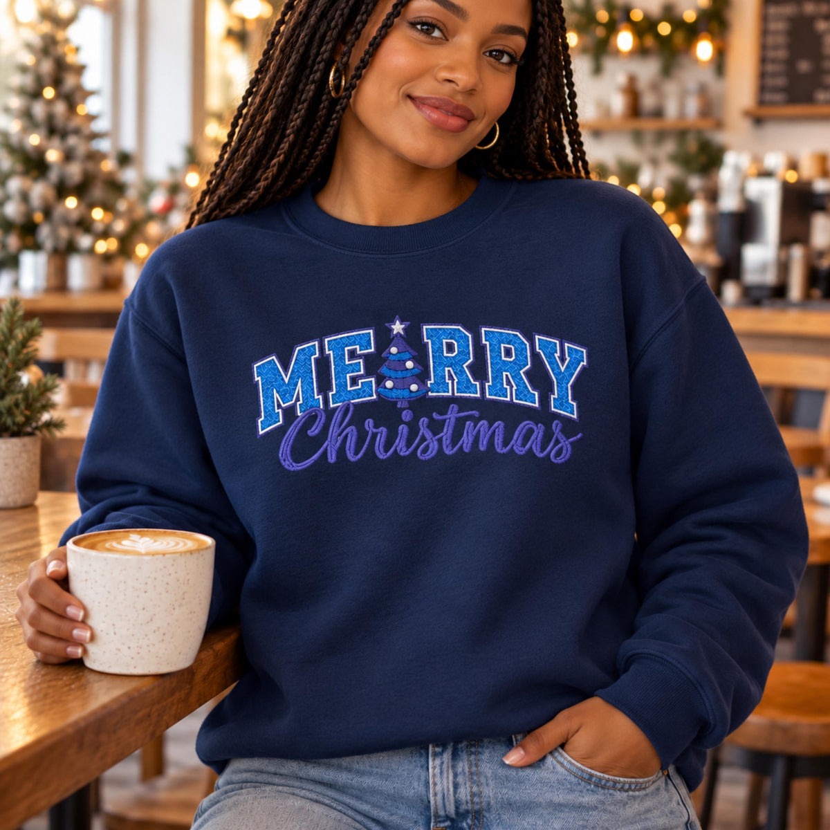 Christmas Crewneck Sweatshirt — Navy Embroidered Design, Available in Multiple Colors, Festive Holiday Pullover