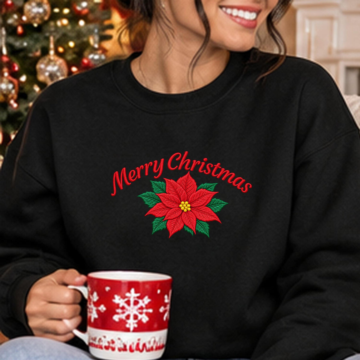 Christmas Sweatshirt with Poinsettia Embroidery — Festive Crewneck, Holiday Pullover for Women & Men