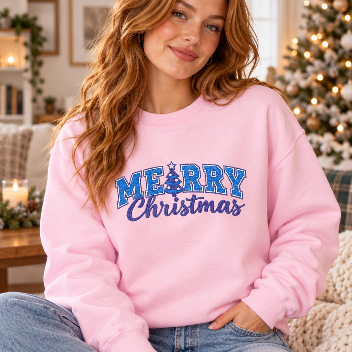 Christmas Crewneck Sweatshirt — Navy Embroidered Design, Available in Multiple Colors, Festive Holiday Pullover
