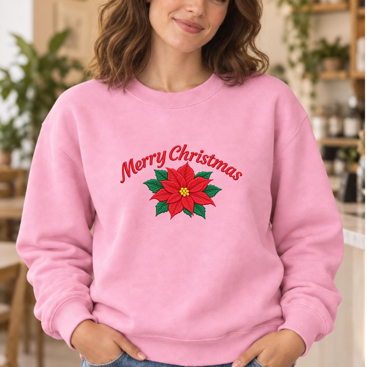 Christmas Sweatshirt with Poinsettia Embroidery — Festive Crewneck, Holiday Pullover for Women & Men