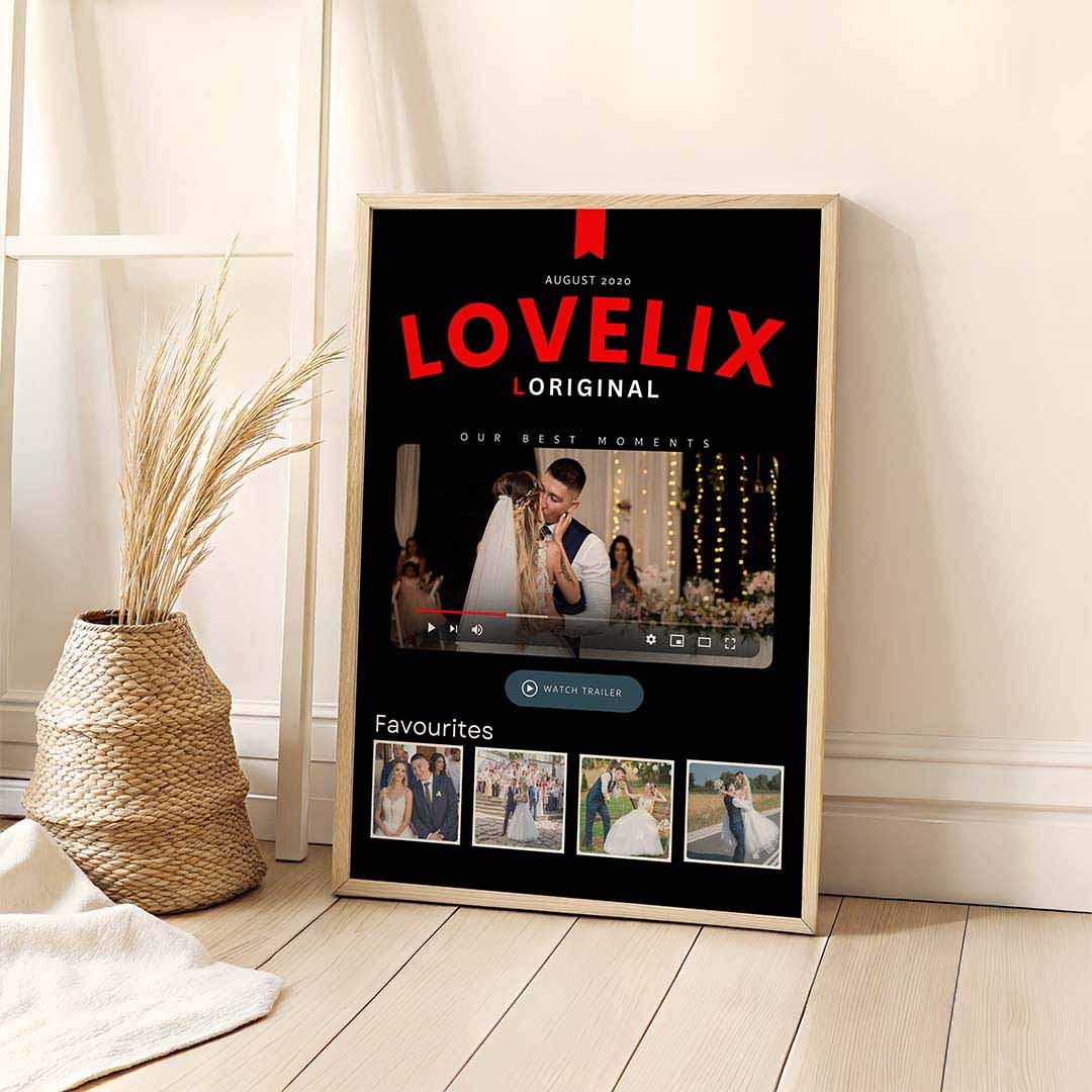 Personalized LOVEFLIX Movie Poster Frame — Custom Photo Print, Romantic Couples Gift