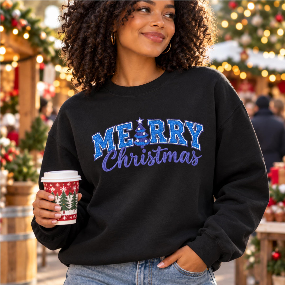 Christmas Crewneck Sweatshirt — Navy Embroidered Design, Available in Multiple Colors, Festive Holiday Pullover