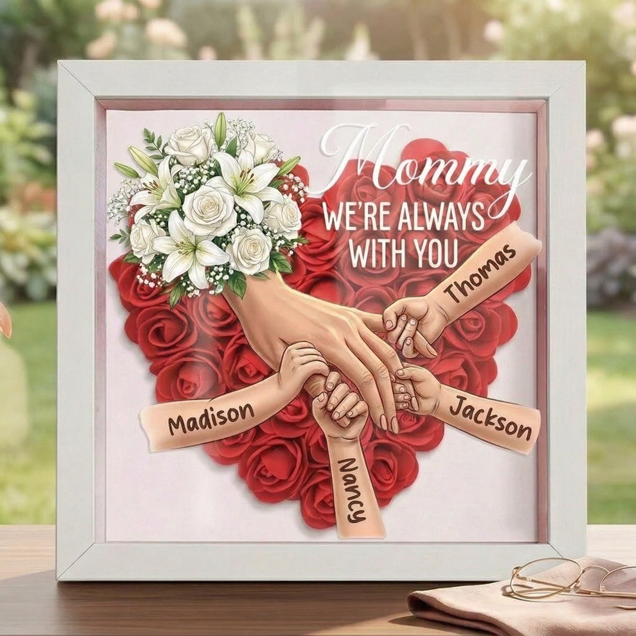 White Roses Custom Mom Holding Hands Memorial Shadow Box – Custom Name Remembrance Frame, Mother’s Day In Loving Memory Gift
