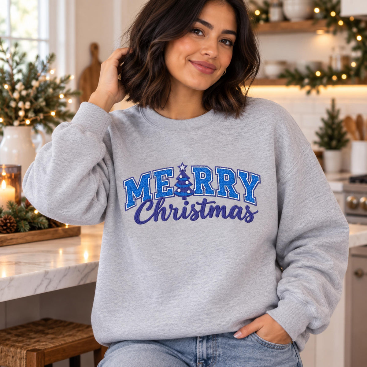 Christmas Crewneck Sweatshirt — Navy Embroidered Design, Available in Multiple Colors, Festive Holiday Pullover