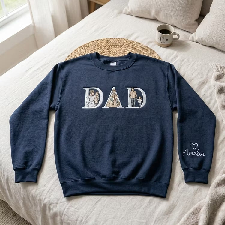 Custom Photo Portrait Letter Embroidered Sweatshirt T-Shirt Gift for Dad-Father's Day Gift