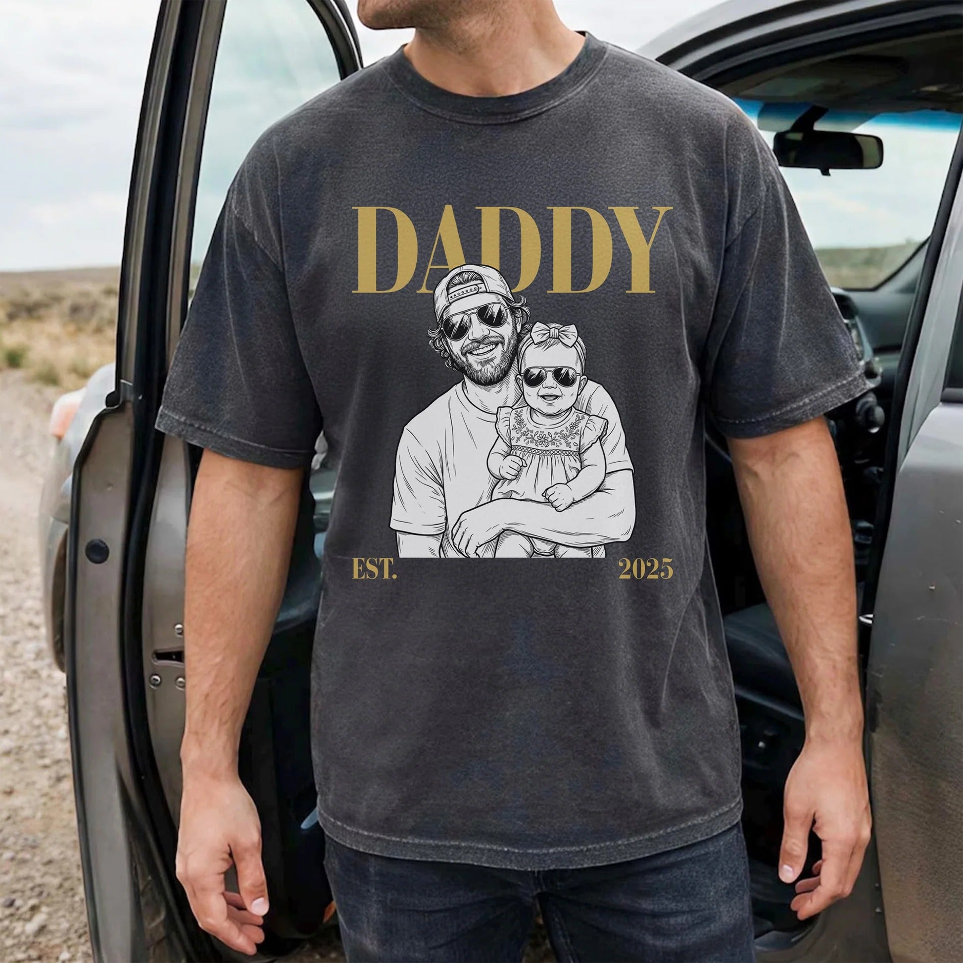 Daddy Est Custom Photo Sketch Line Art T-shirt Sweatshirt Hoodie | Personalized Father's Day Gift