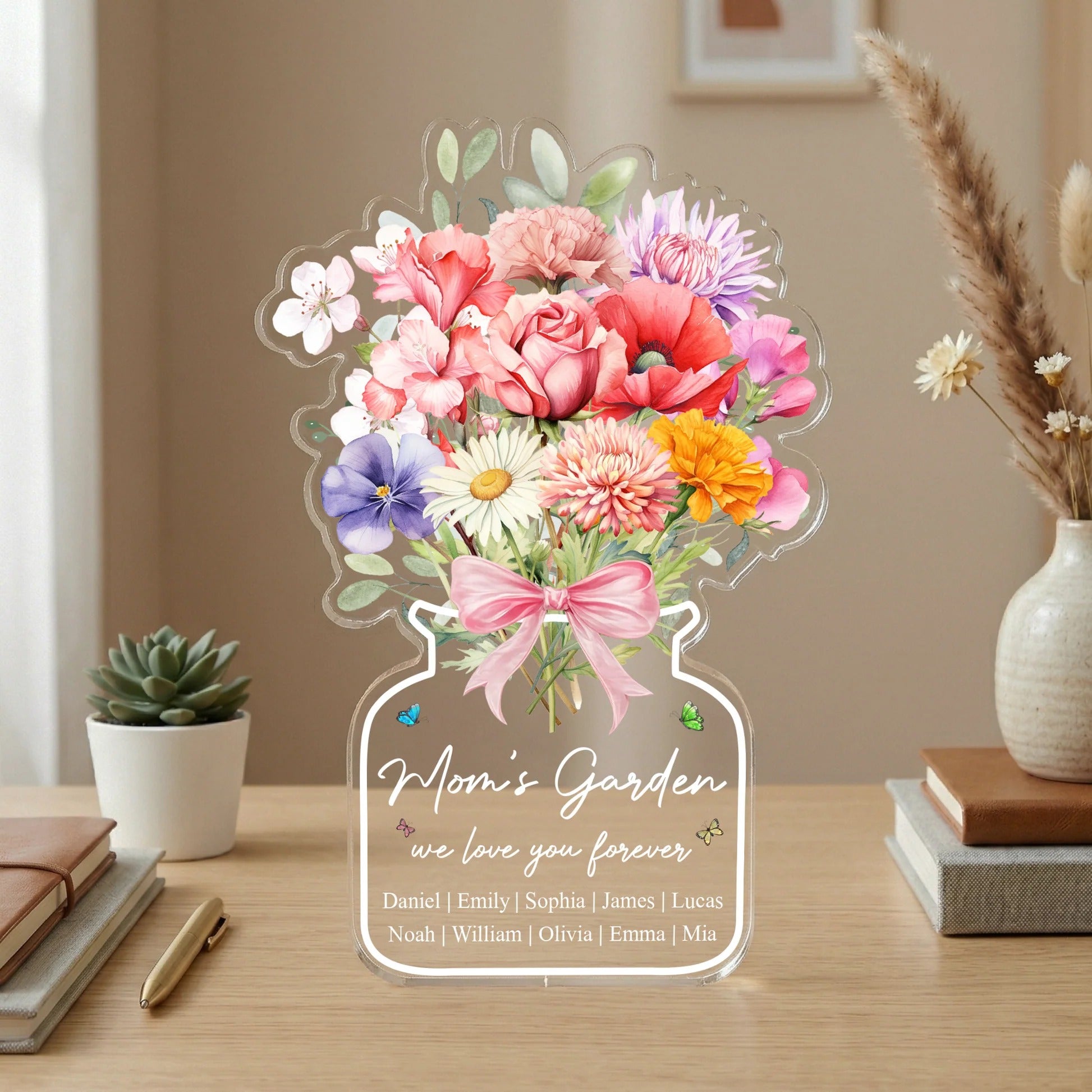 Family Birth Flower Bouquet Flowers Gift For Mom, Grandma, Family - Personalized Acrylic Plaque