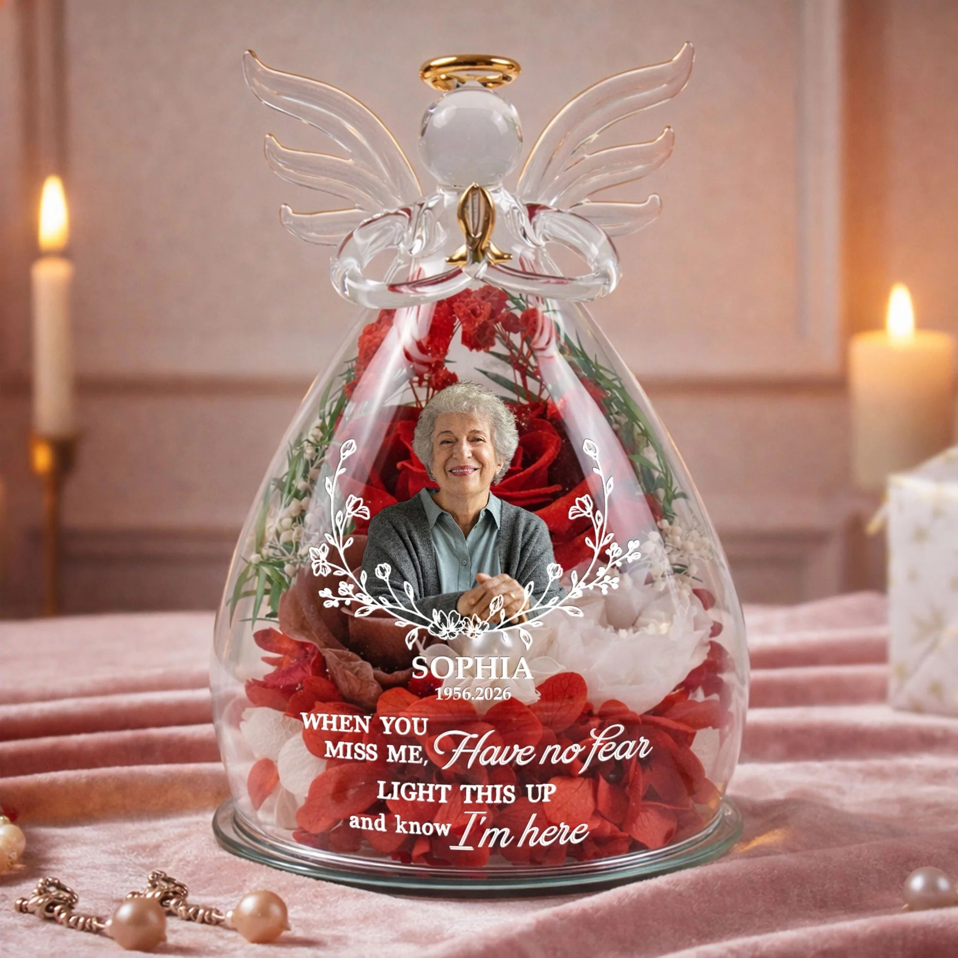 Light This Up And Know I'm Here Memorial Gift -Personalized Angel Figurine - Custom Flower & Message Mother's Day Gift