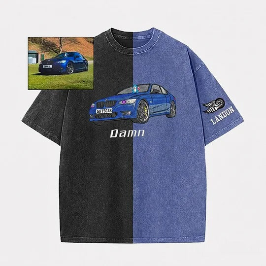 Personalized Vehicle Photo Embroidery on Washed T-Shirt Sweatshirt Hoodie Custom Ride Gift