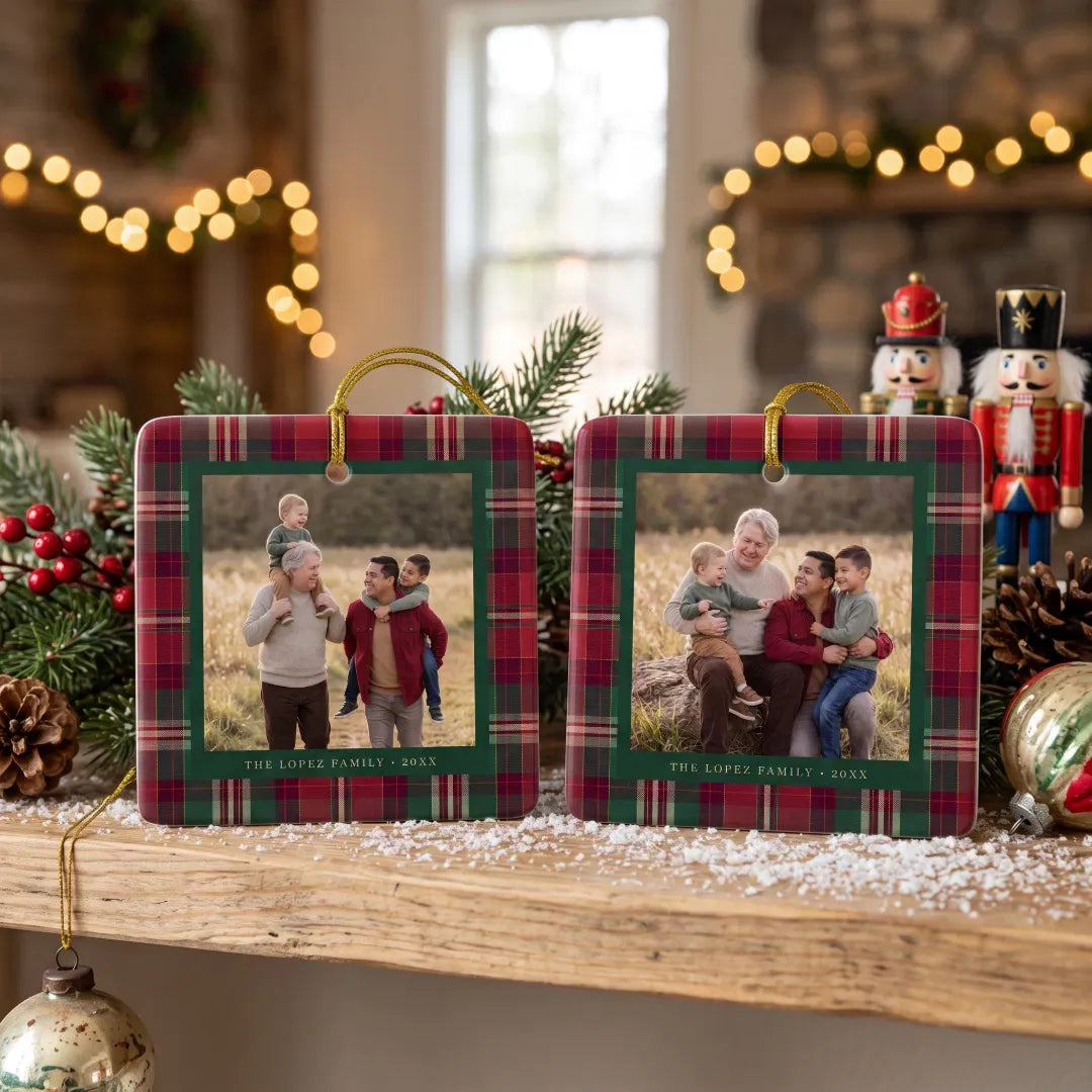 Personalized Tartan Plaid Family Photo Ceramic Ornament — Custom Christmas Tree Decoration & Keepsake Gift